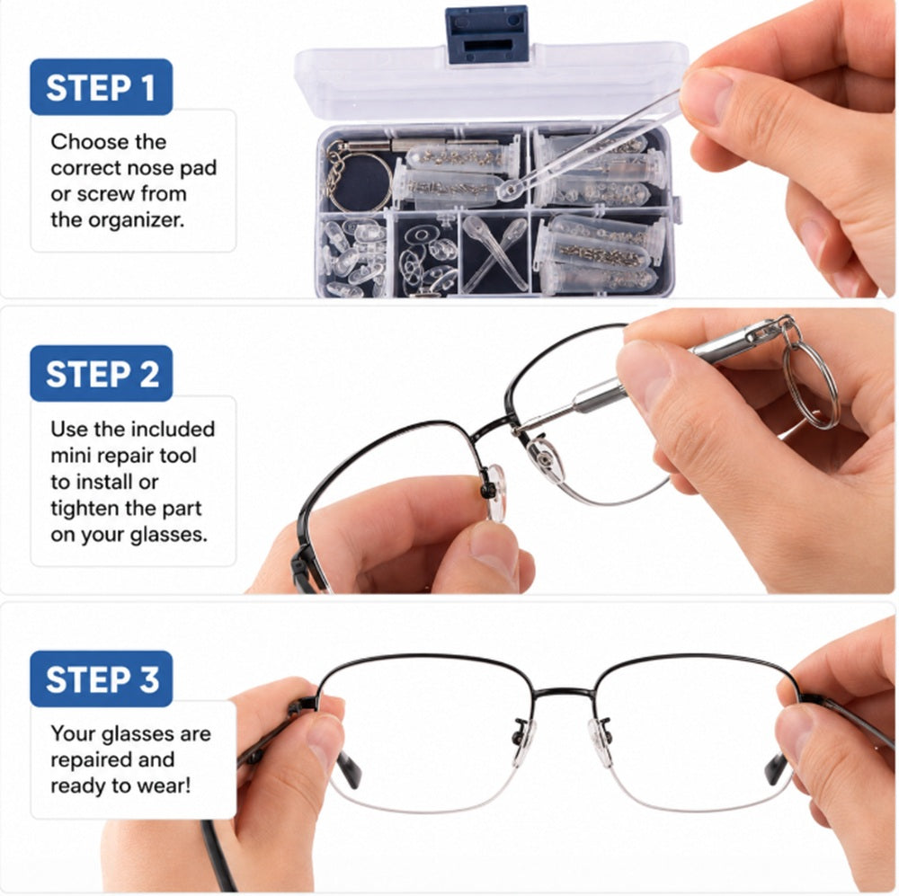 Eyeglass Repair Kit with Screws, Nose Pads & Case | TIKA
