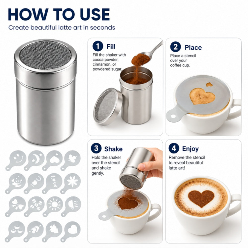 16 Coffee Stencils with Powder Shakers | TIKA