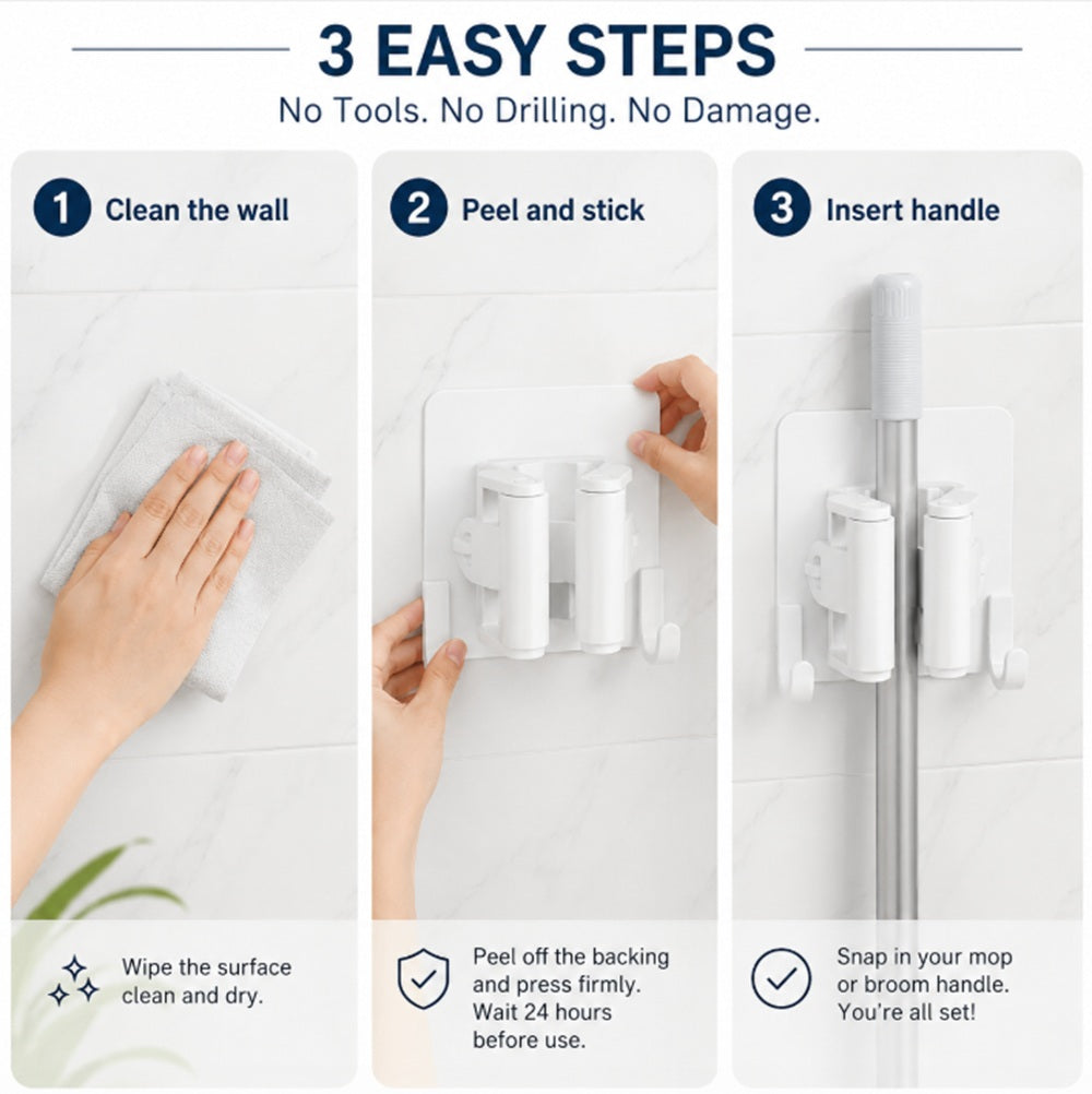 3-Pack Self-Adhesive Broom and Mop Holders with Hooks | TIKA