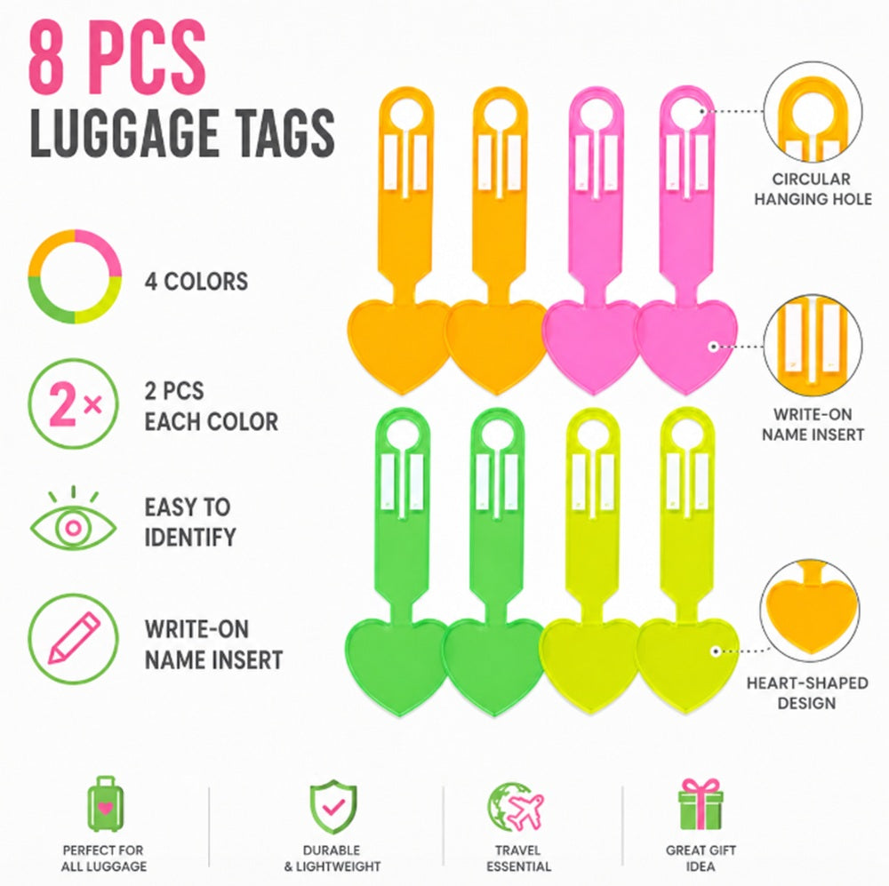 8-Pack Fluorescent PVC Heart Luggage Tags | TIKA
