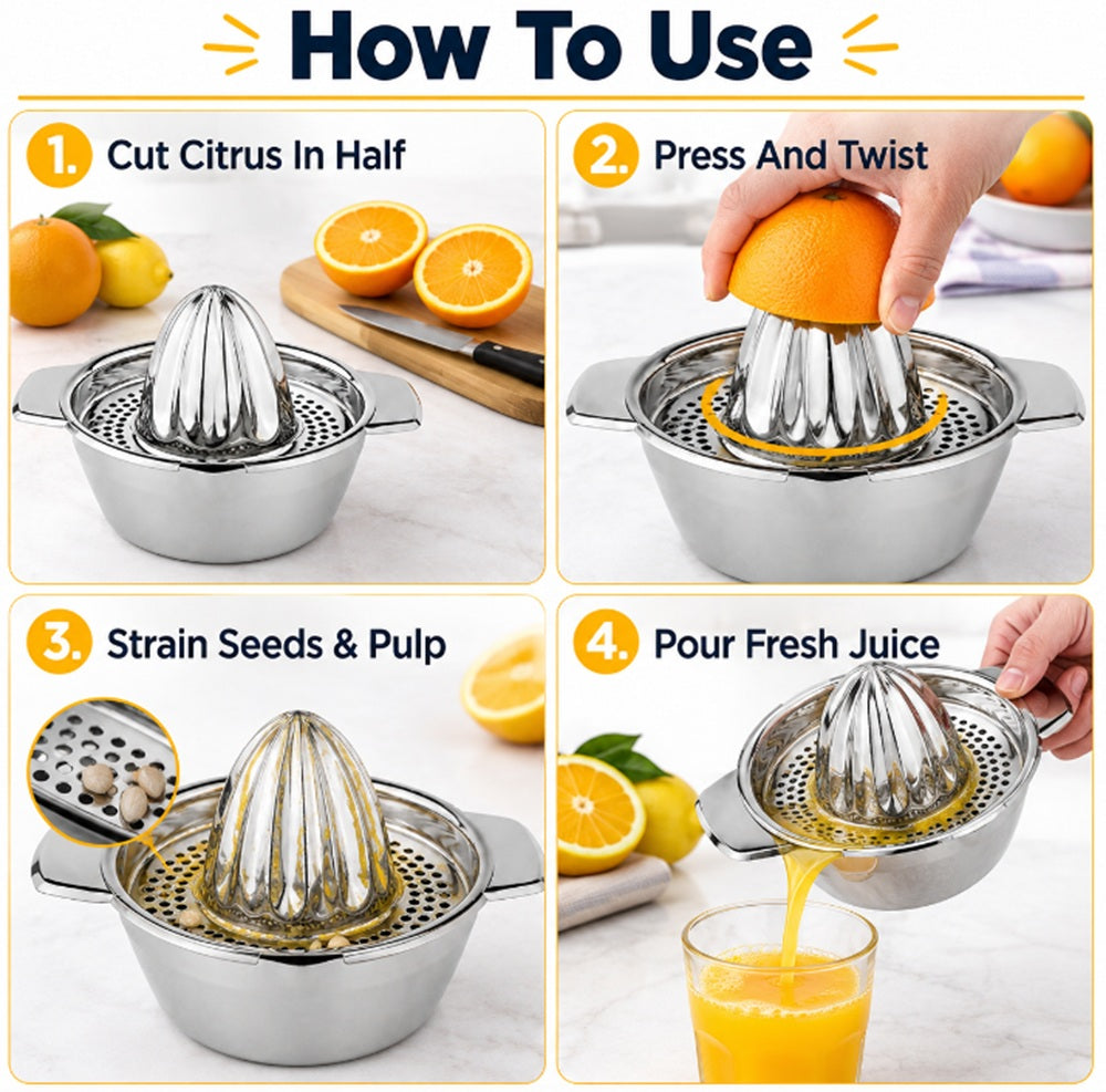 Stainless Steel Manual Citrus Juicer with Bowl & Strainer | TIKA