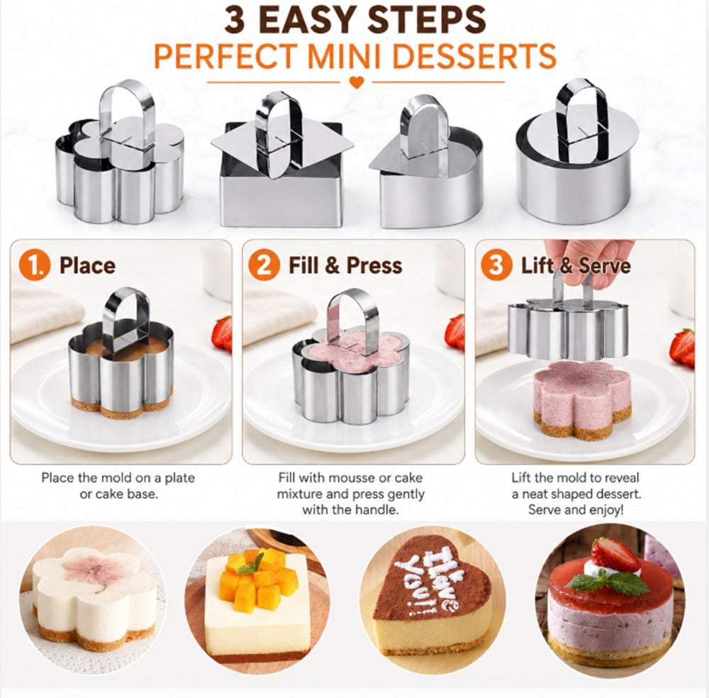 4-Pack Stainless Steel Mousse Ring Molds with Pusher | TIKA