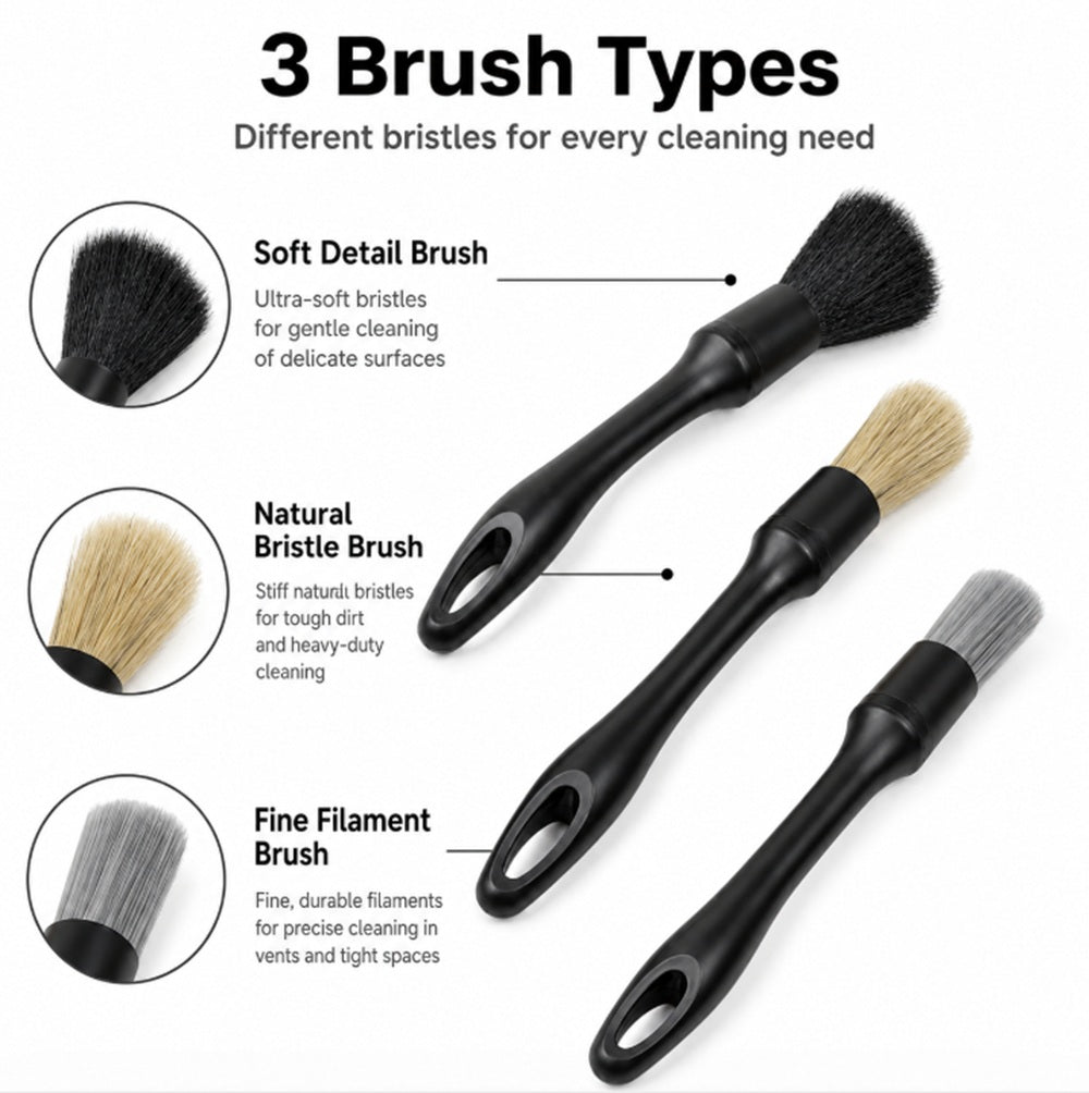3-Pack Car Detailing Brushes for Wheels & Interior | TIKA