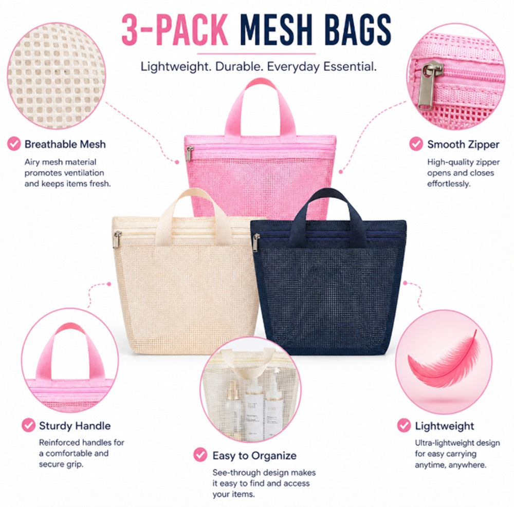 3-Pack Hanging Mesh Shower Caddy Bags | TIKA