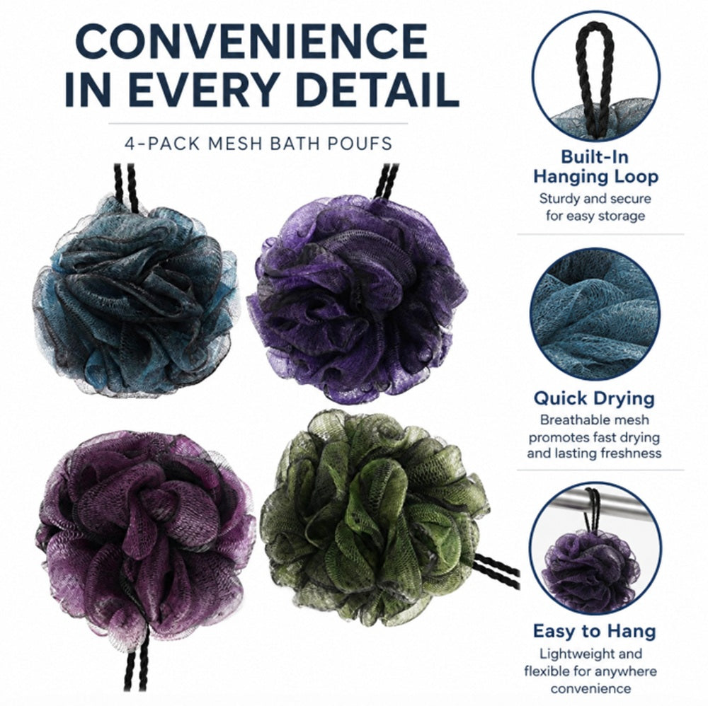 4-Pack Soft Mesh Shower Loofah Poufs | TIKA