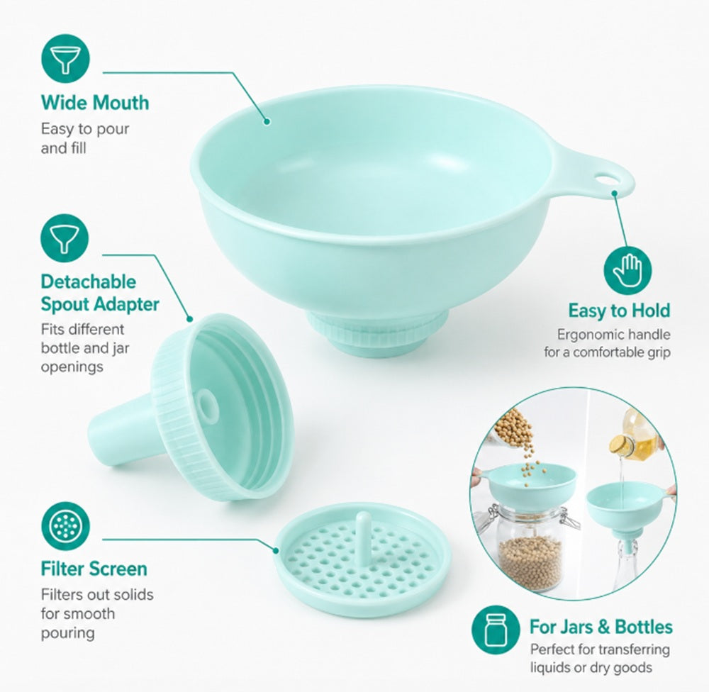 3-in-1 Wide-Mouth Kitchen Funnel, Strainer & Jar Filler | TIKA