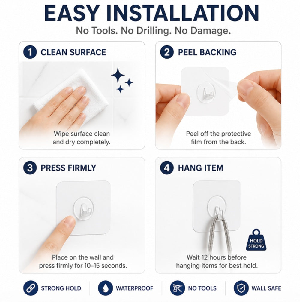24-Pack Clear No-Drill Adhesive Wall Hooks | TIKA