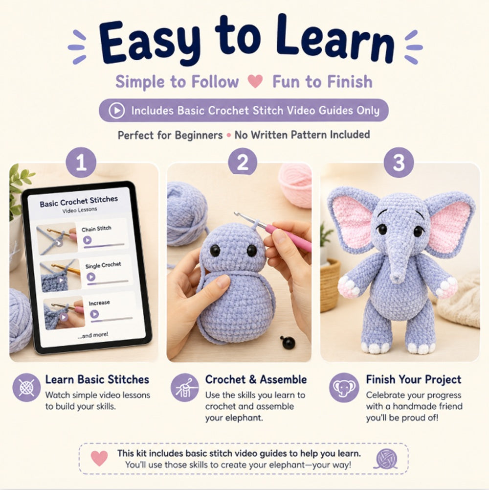 Elephant Crochet Kit for Beginners with Yarn & Supplies – TIKA