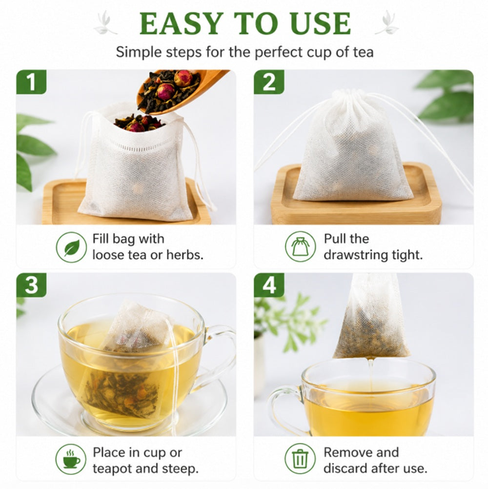 100-Pack 8 x 10 cm Drawstring Tea Filter Bags for Loose-Leaf Tea | TIKA