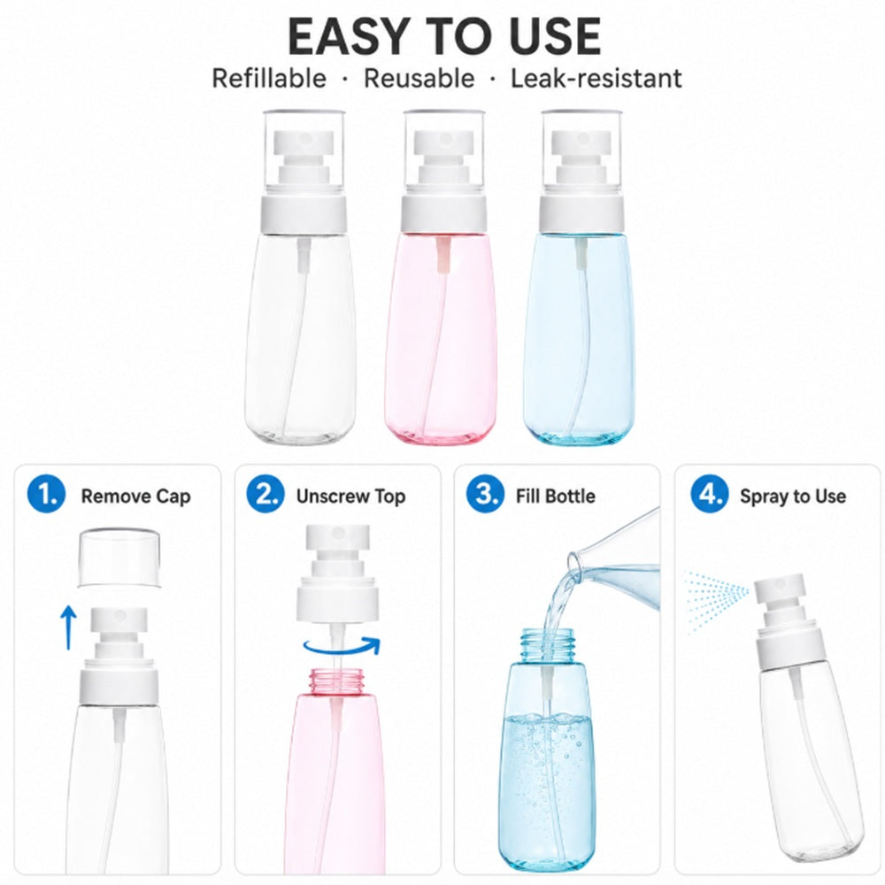 3-Pack 60ml Clear Refillable Fine Mist Spray Bottles | TIKA