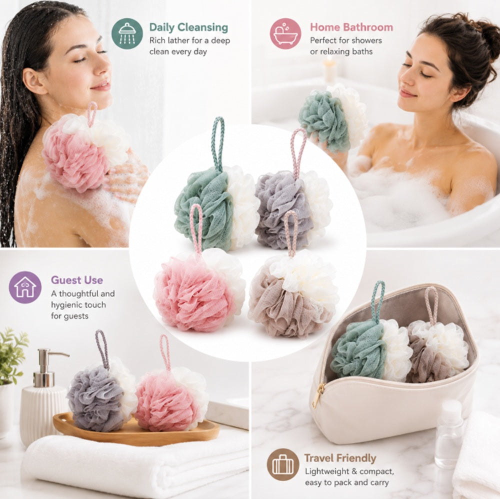 4-Pack Bath Loofah Pouf Set with Back Scrubber | TIKA