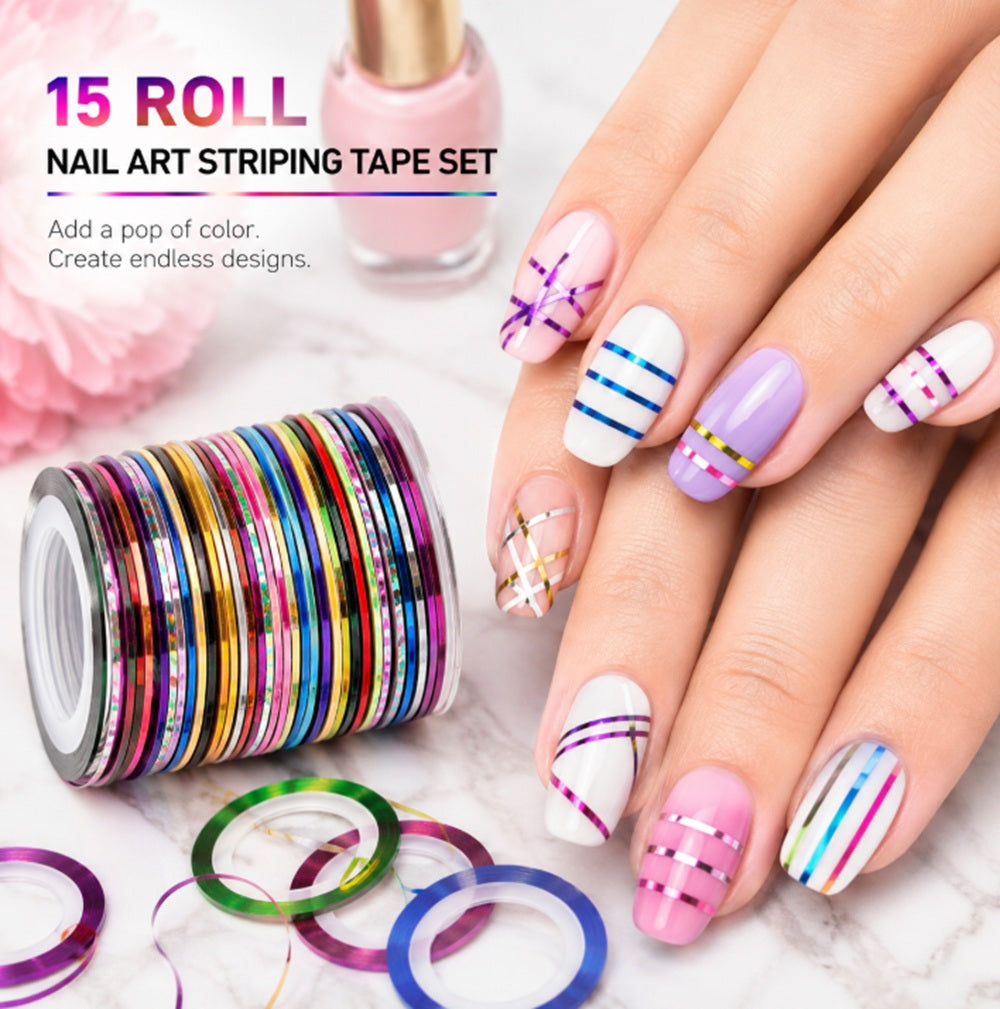 15-Roll Multicolor Nail Striping Tape Set | TIKA