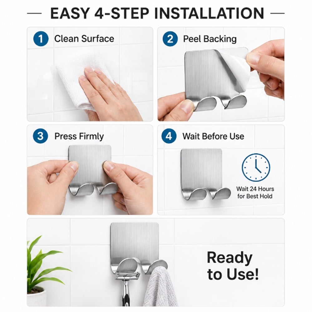 4-Pack Adhesive Stainless Steel Razor Holder Hooks | TIKA