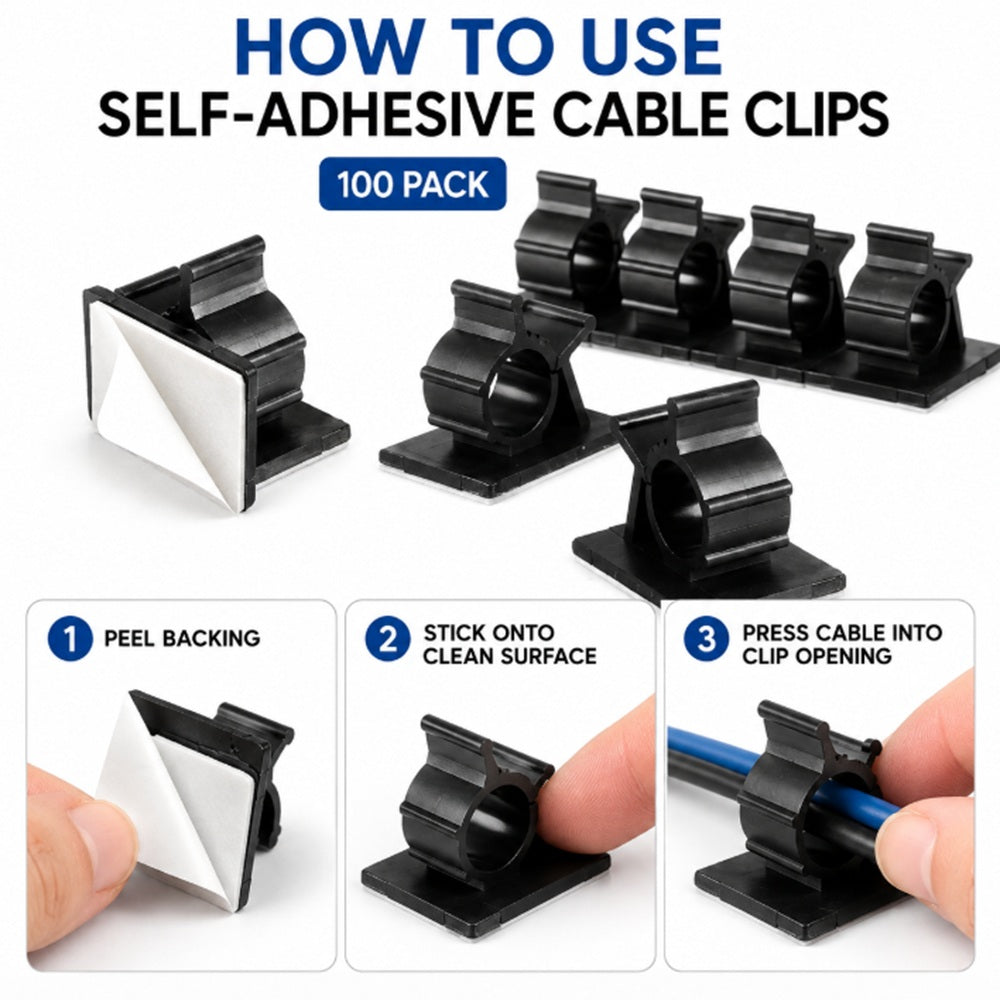 100-Pack Self-Adhesive Cable Organizer Clips | TIKA
