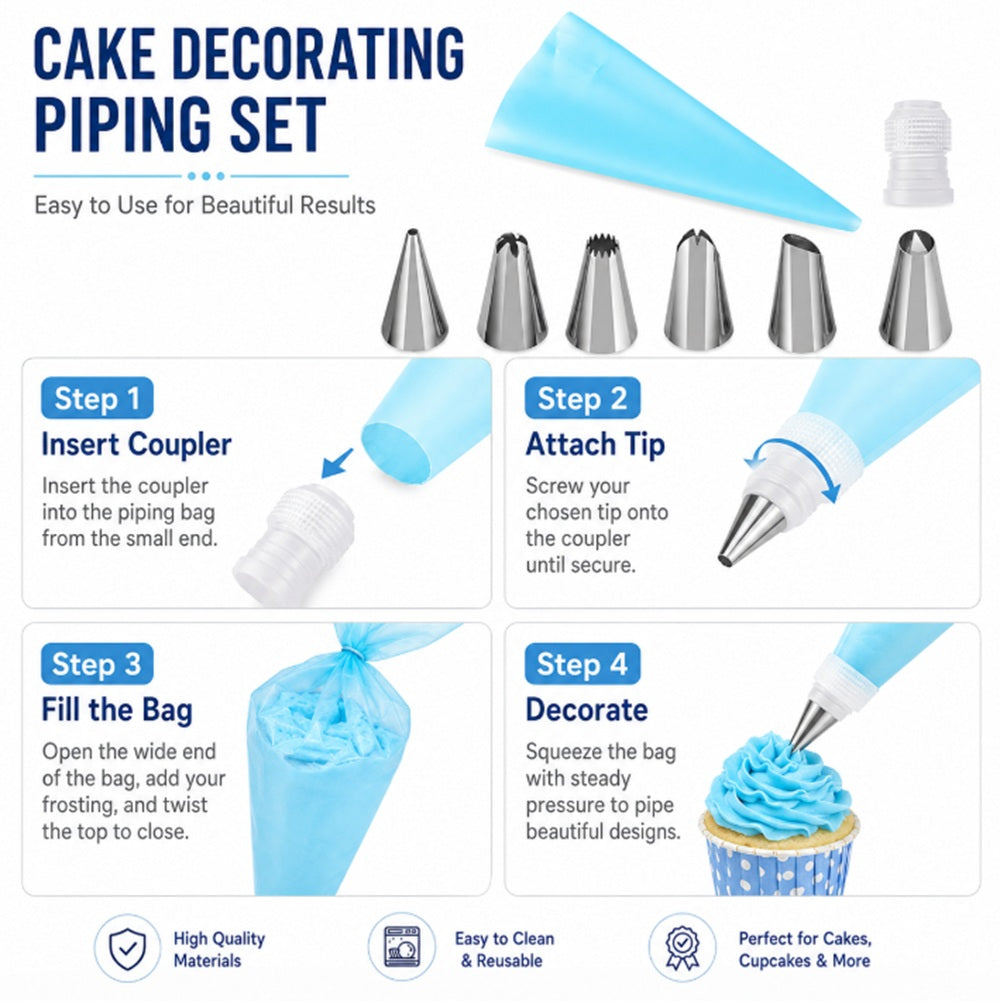 8-Piece Cake Decorating Piping Bag & Icing Tip Set | TIKA