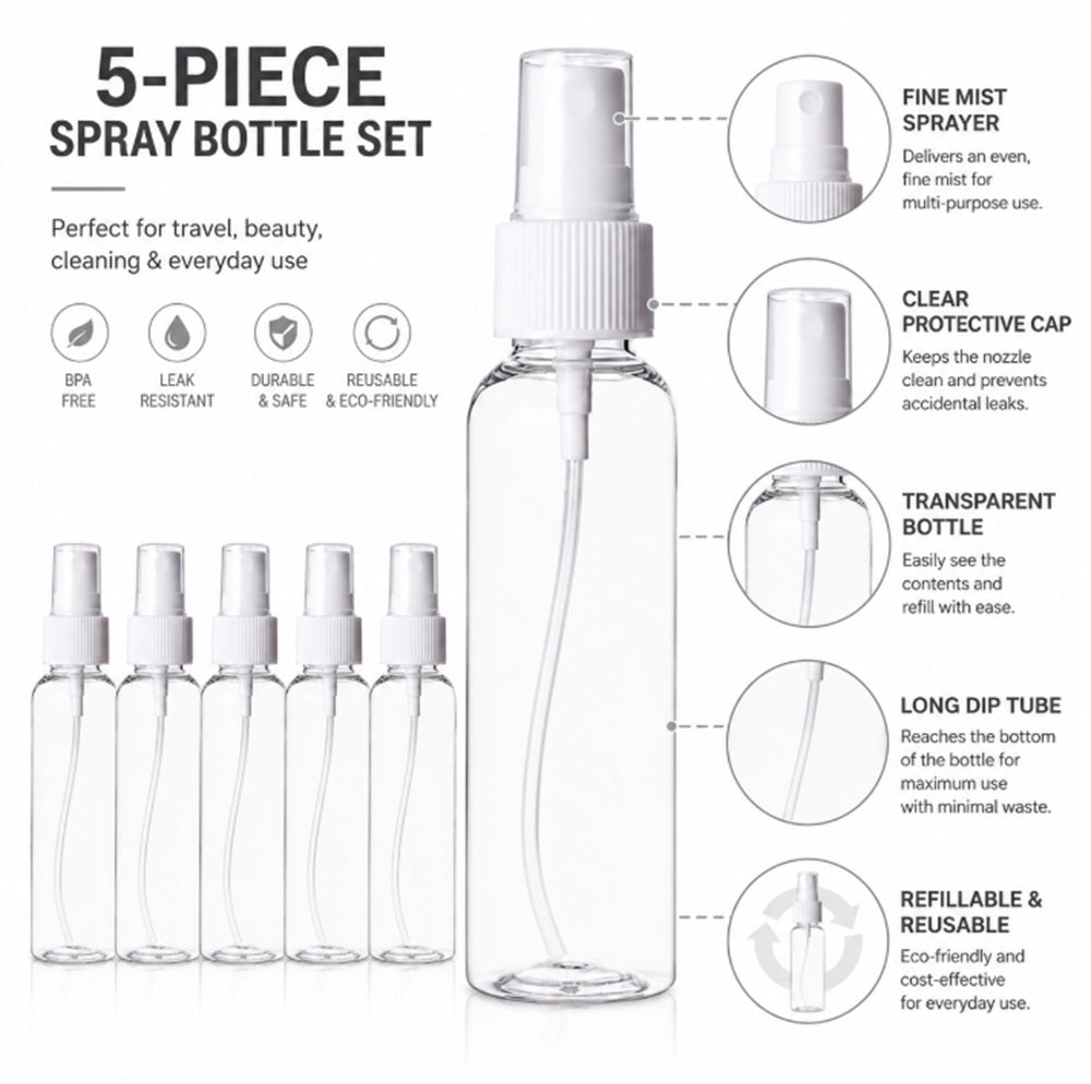 5-Pack Plastic Fine Mist Perfume Spray Bottles | TIKA