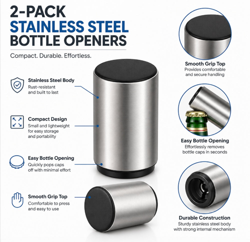 2-Pack Stainless Steel Push-Down Bottle Openers | TIKA