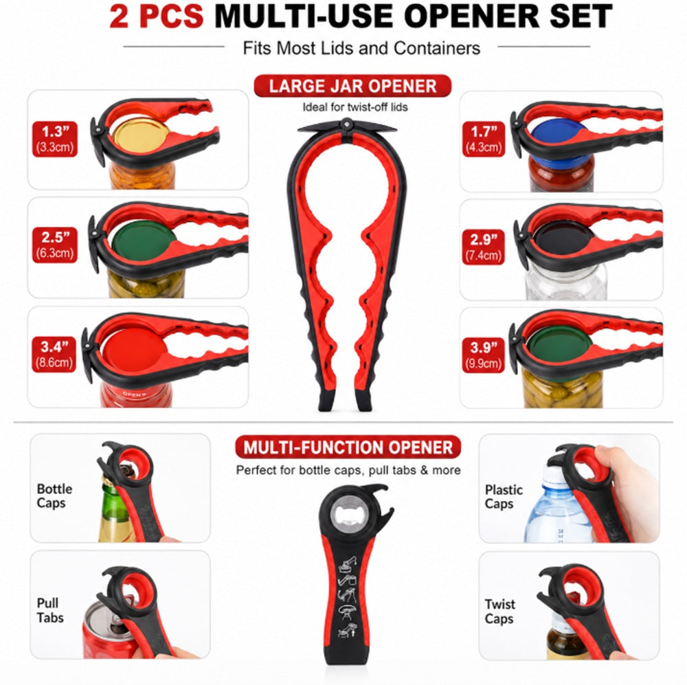 Jar & Bottle Opener Set, 2 Piece: 5-in-1 Tool & 4-Size Lid Gripper – TIKA