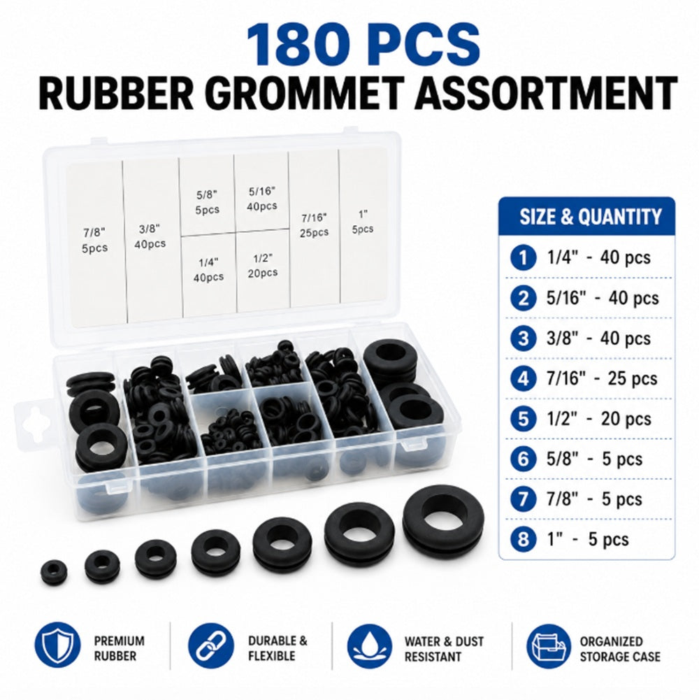 180-Piece Rubber Wire Grommet Assortment Kit | TIKA