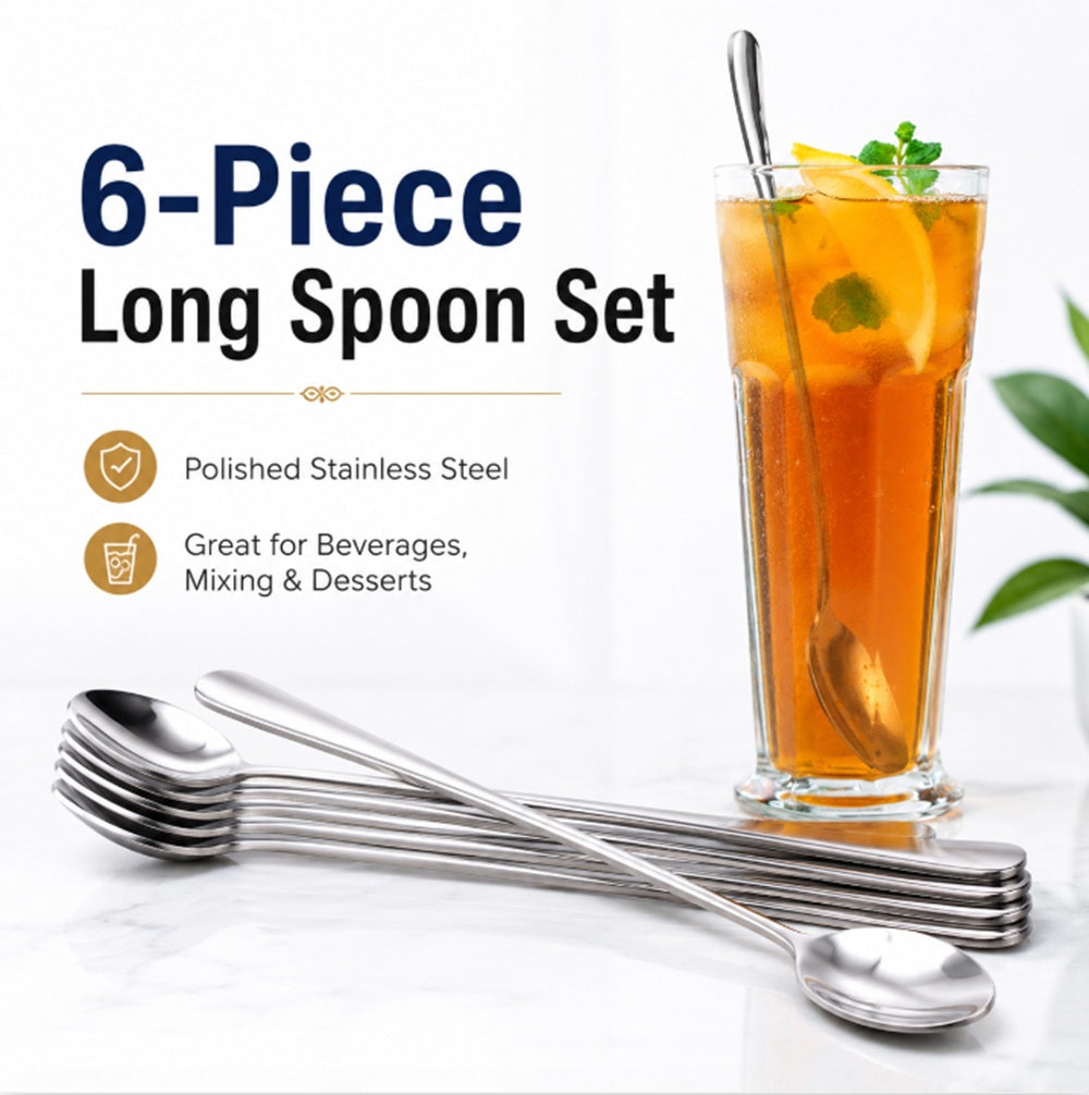 6-Pack 7.5-Inch Stainless Steel Long-Handle Iced Tea Spoons | TIKA