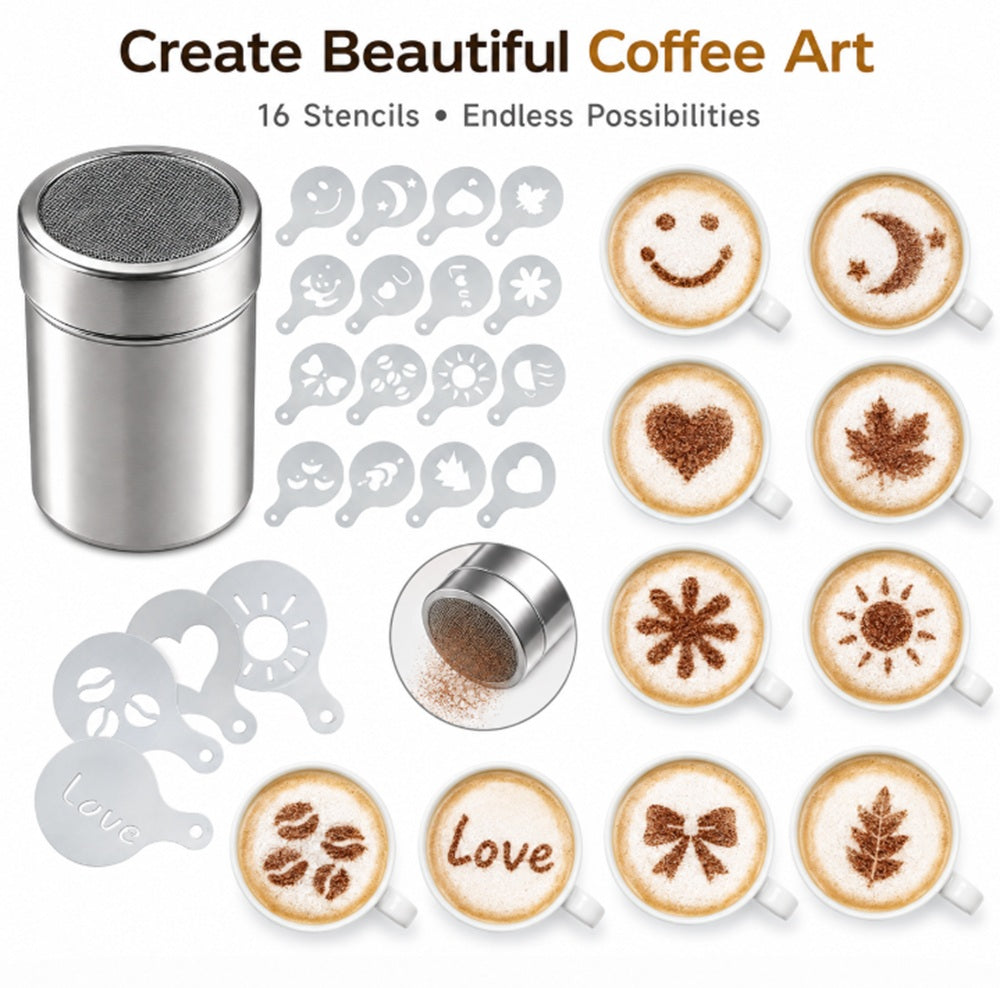 16 Coffee Stencils with Powder Shakers | TIKA