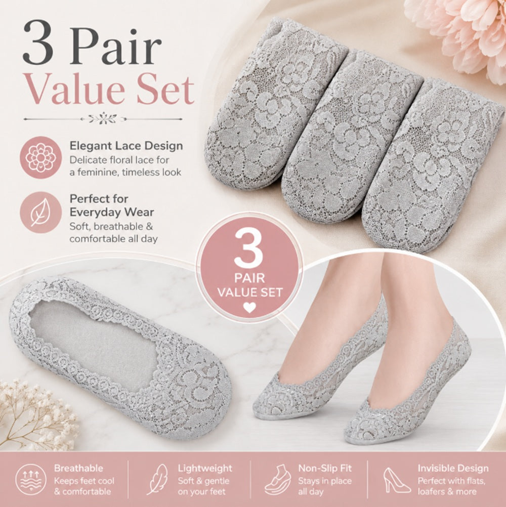 3-Pair Women’s Lace No-Show Liner Socks | TIKA