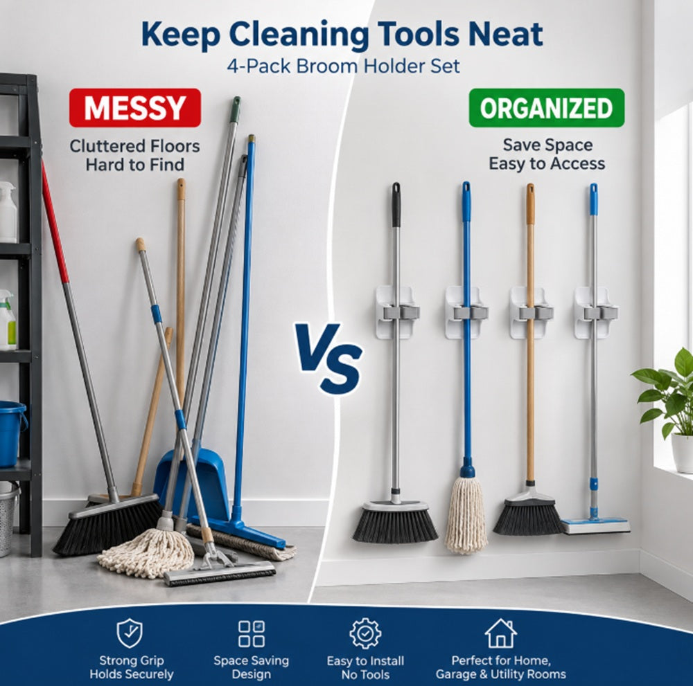 4-Pack Self-Adhesive Broom & Mop Wall Holders | TIKA