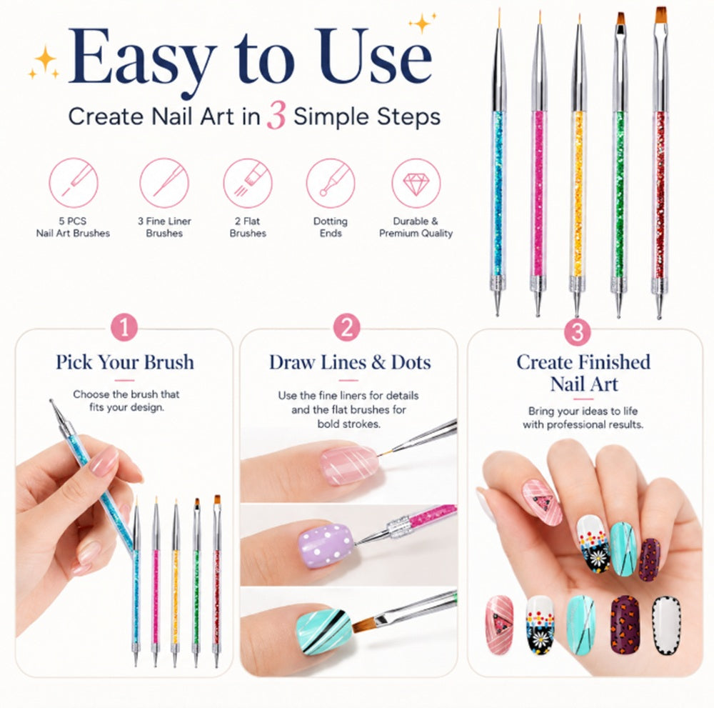 5-Piece Double-Ended Nail Art Dotting & Brush Set | TIKA