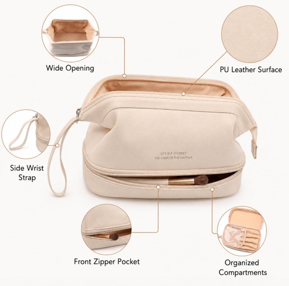 Large PU Leather Makeup Bag with Carry Handle | TIKA