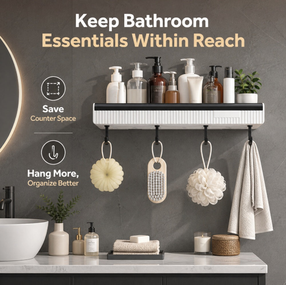 Adhesive Corner Shower Shelf with 4 Hooks, 1-Pack | TIKA