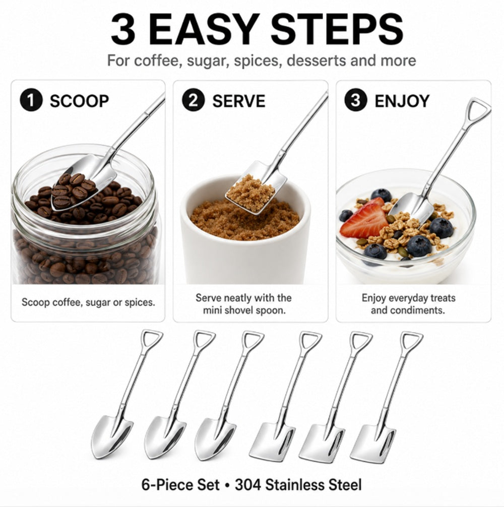 6-Piece Stainless Steel Shovel Teaspoon Set for Coffee & Desserts | TIKA