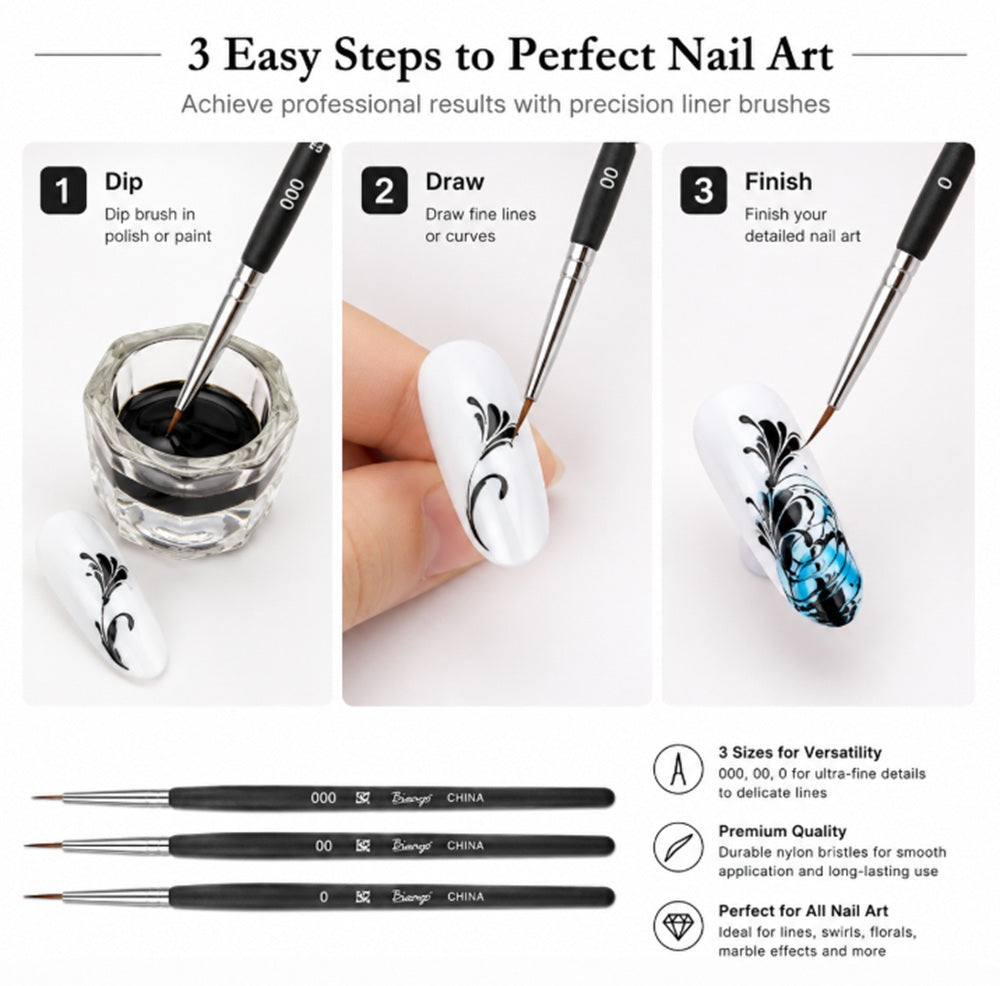 3-Piece Nail Art Dotting & Fine Liner Brush Set | TIKA