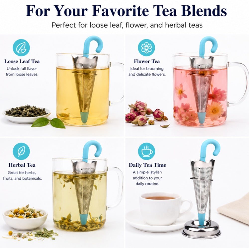 Umbrella Tea Infuser with Stainless Steel Mesh & Silicone Drip Tray | TIKA