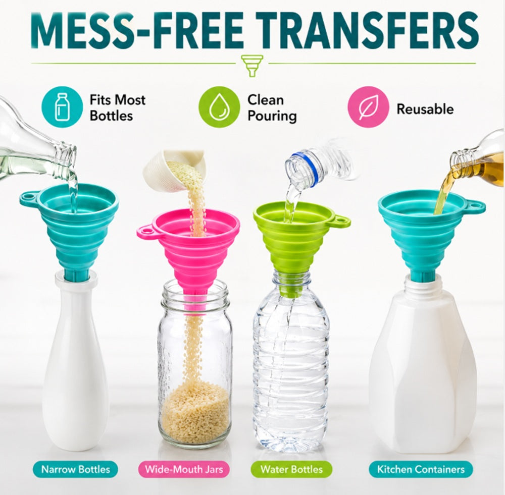 6-Piece Collapsible Silicone Kitchen Funnel Set for Liquid Transfer | TIKA