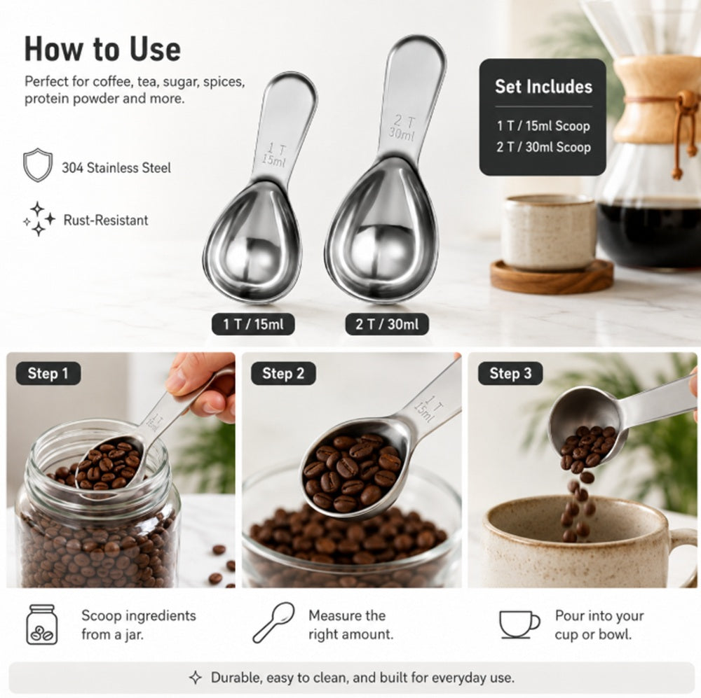 2-Piece Stainless Steel Coffee Scoop Set, 15ml & 30ml | TIKA