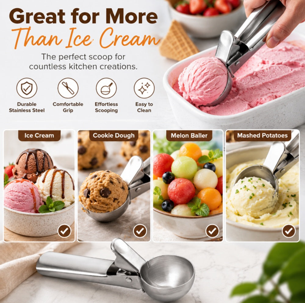 Stainless Steel Trigger Ice Cream Scoop for Cookie Dough & Melon | TIKA