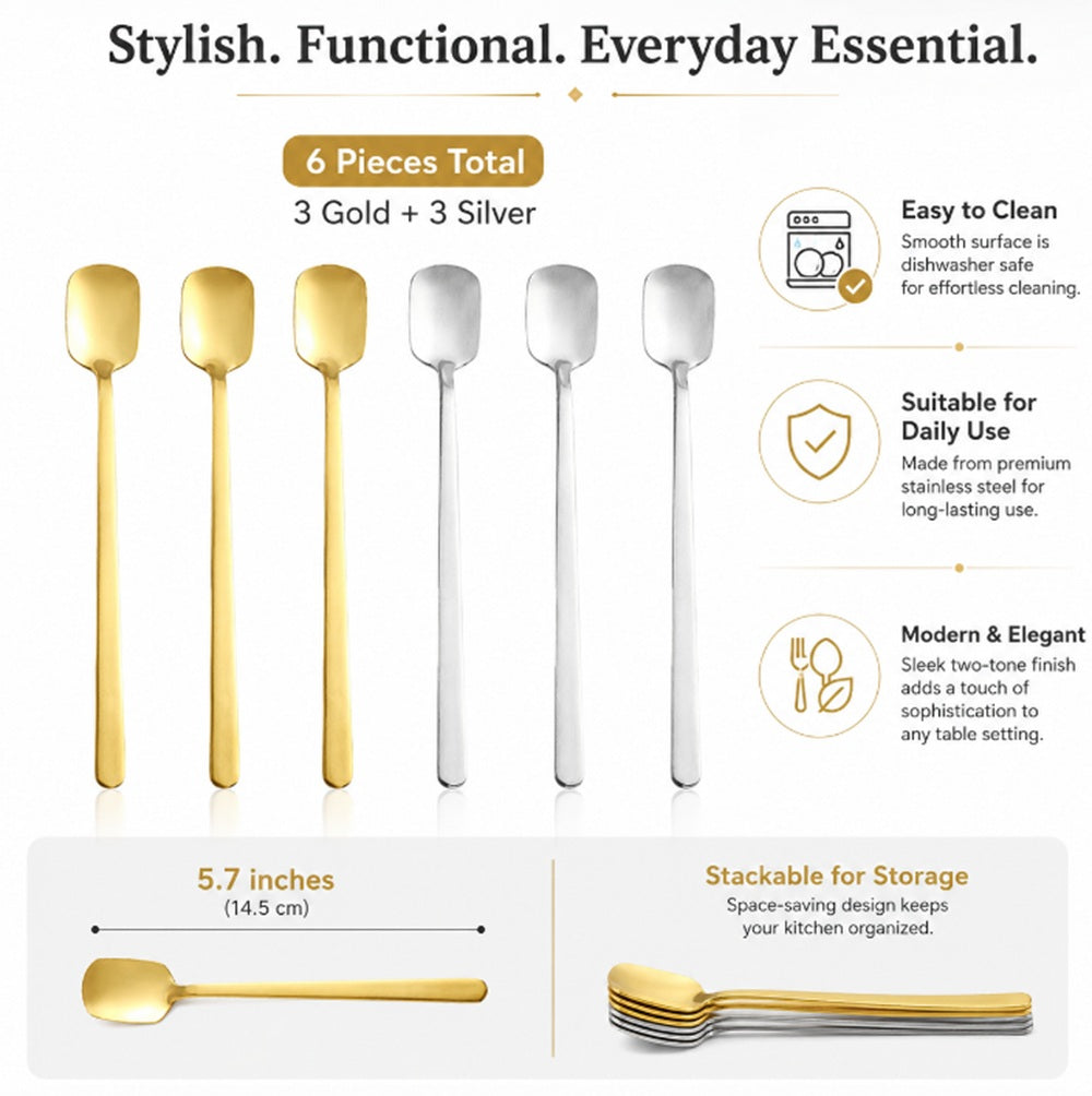 6-Pack 5.7-Inch Stainless Steel Iced Tea & Coffee Spoons | TIKA