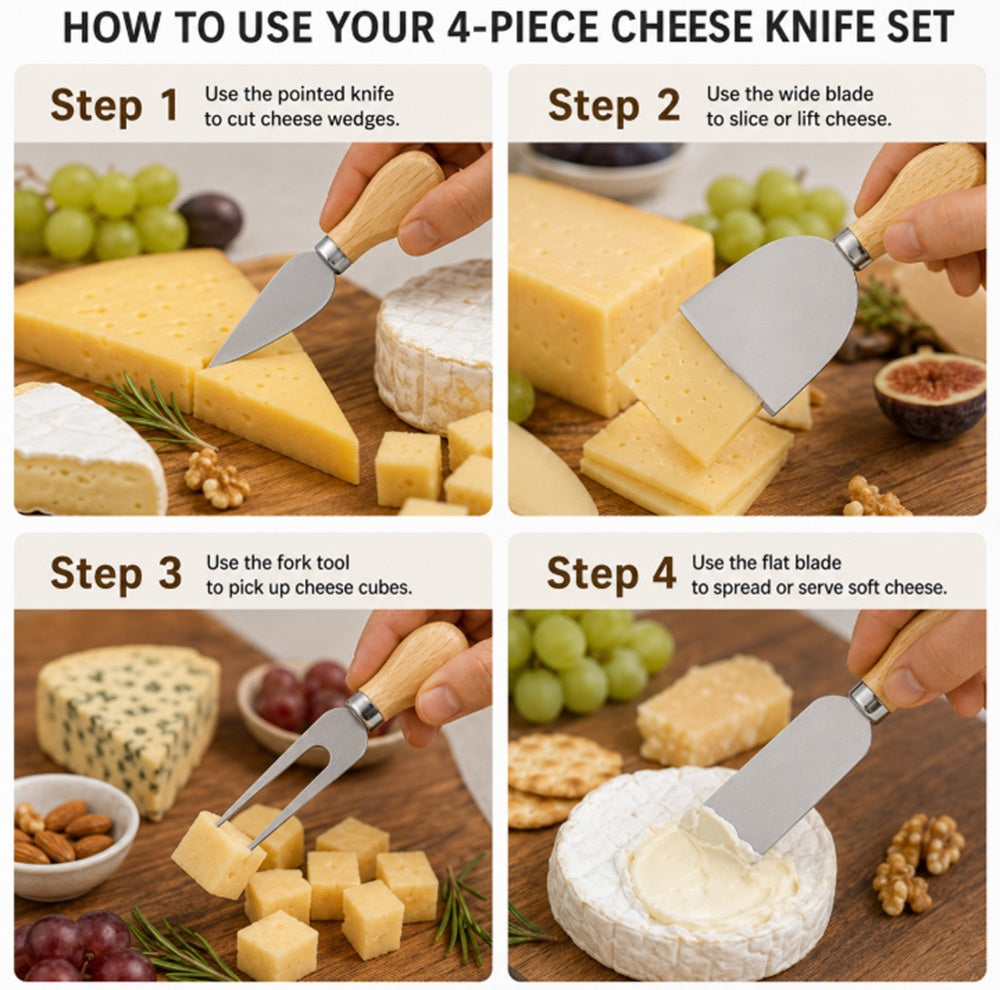 4-Piece Stainless Steel Cheese Knife Set with Wooden Handles | TIKA