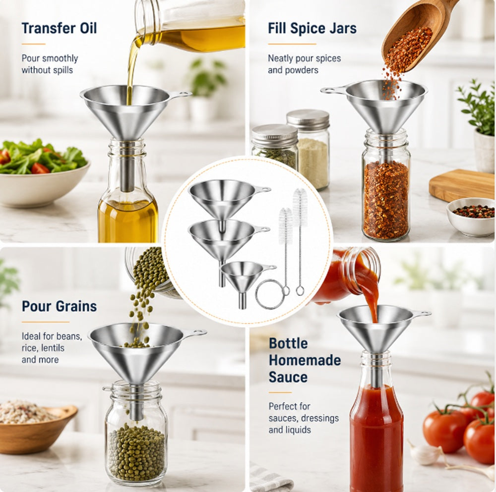 3-Piece Stainless Steel Funnel Set with 2 Cleaning Brushes | TIKA