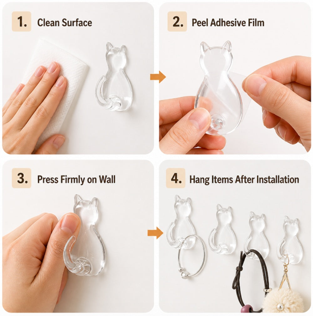 8-Pack Cat-Shaped Adhesive Wall Hooks | TIKA