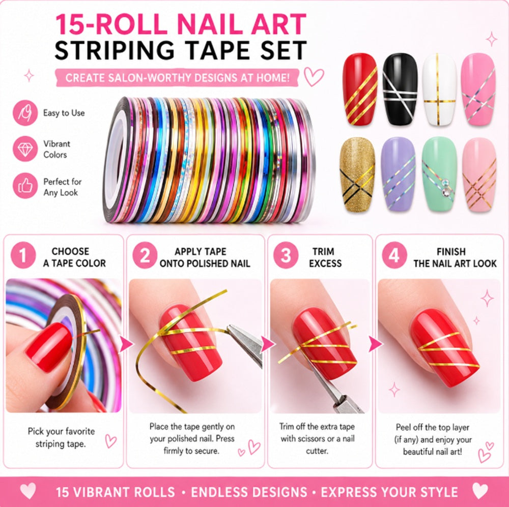 15-Roll Multicolor Nail Striping Tape Set | TIKA