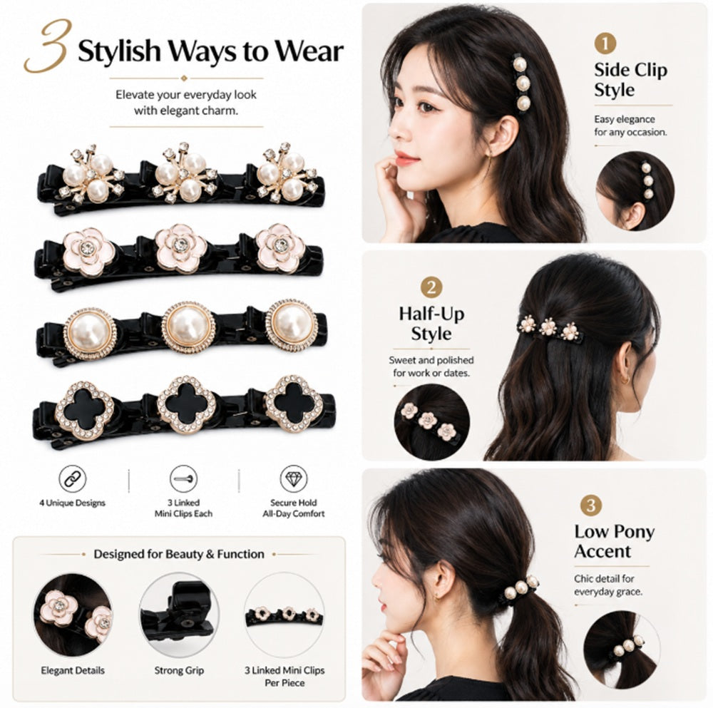4-Piece Crystal-Style Flower & Clover Hair Clip Set | TIKA