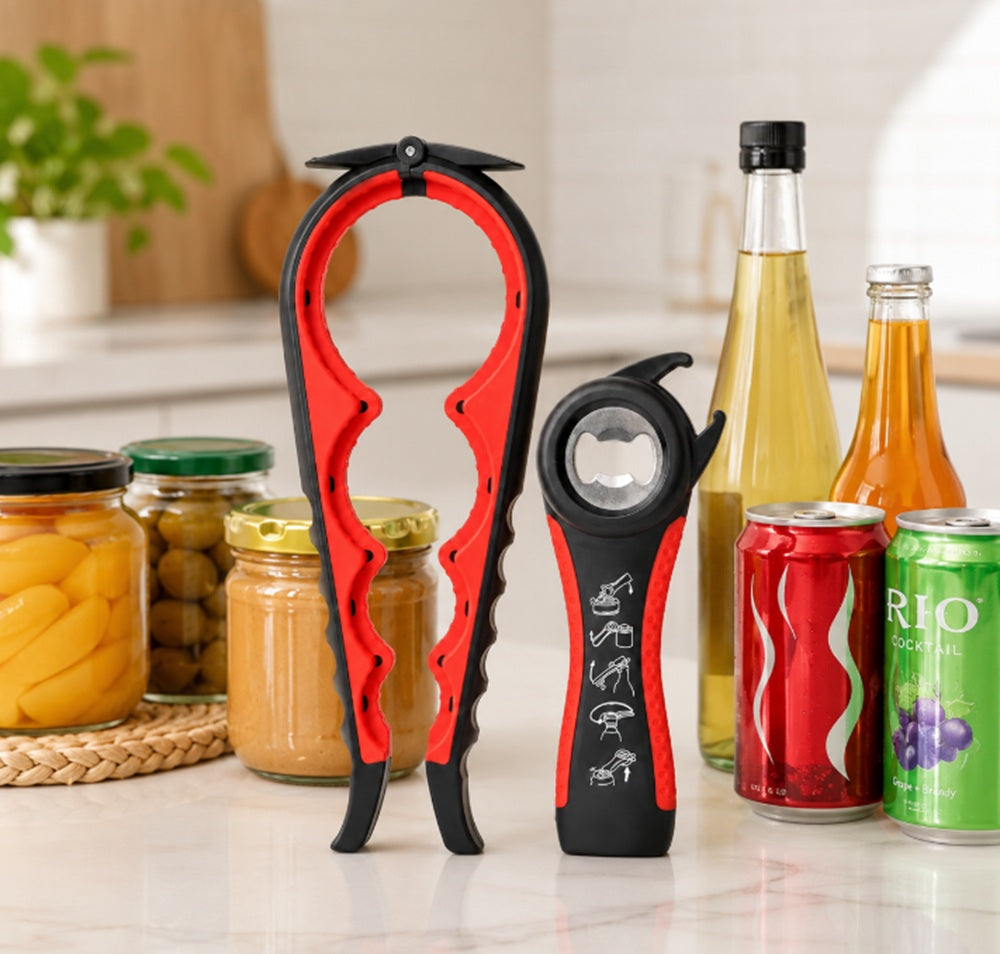 Jar & Bottle Opener Set, 2 Piece: 5-in-1 Tool & 4-Size Lid Gripper – TIKA