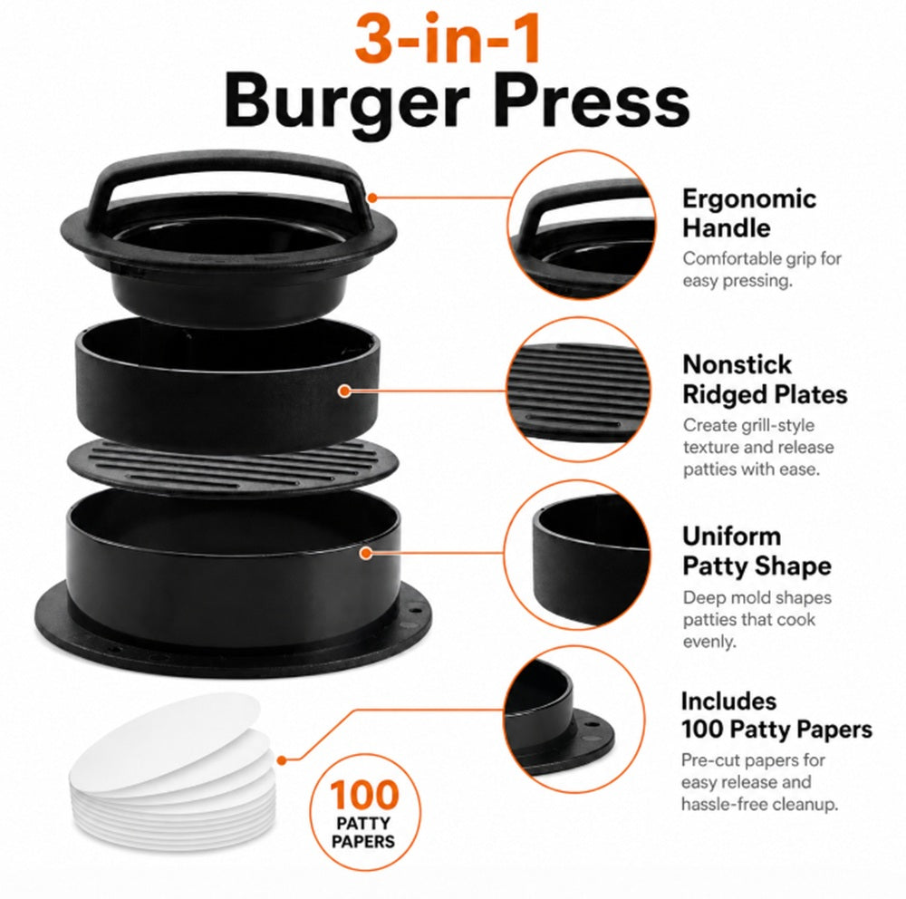 3-in-1 Stuffed Burger Press with 100 Papers | TIKA
