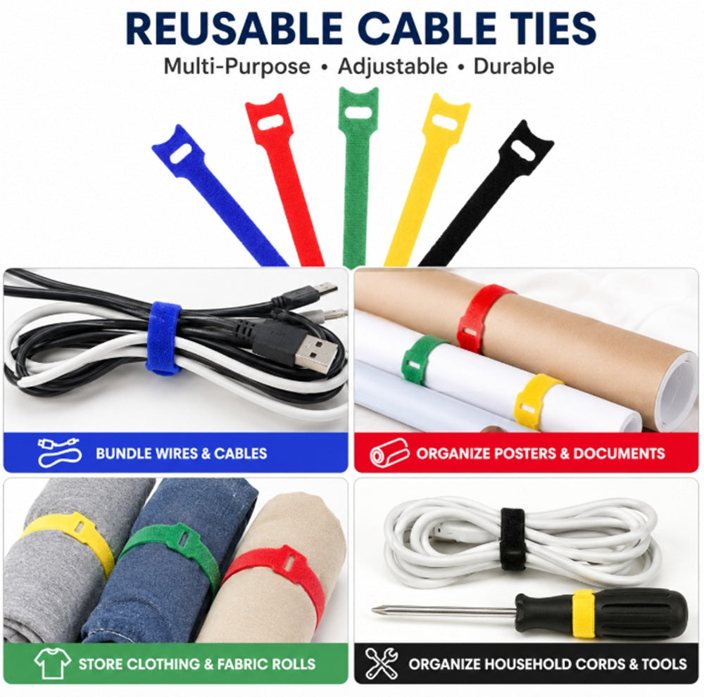 100-Pack Reusable Hook & Loop Cable Ties | TIKA