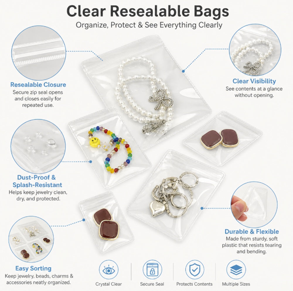 60-Pack Clear PVC Jewelry Storage Bags, 3 Sizes | TIKA
