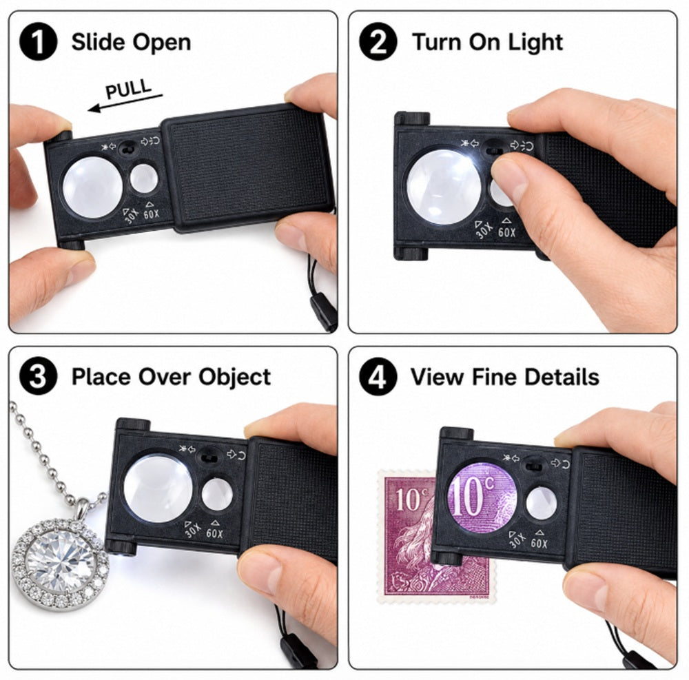 30X 60X LED Slide-Out Pocket Magnifier | TIKA
