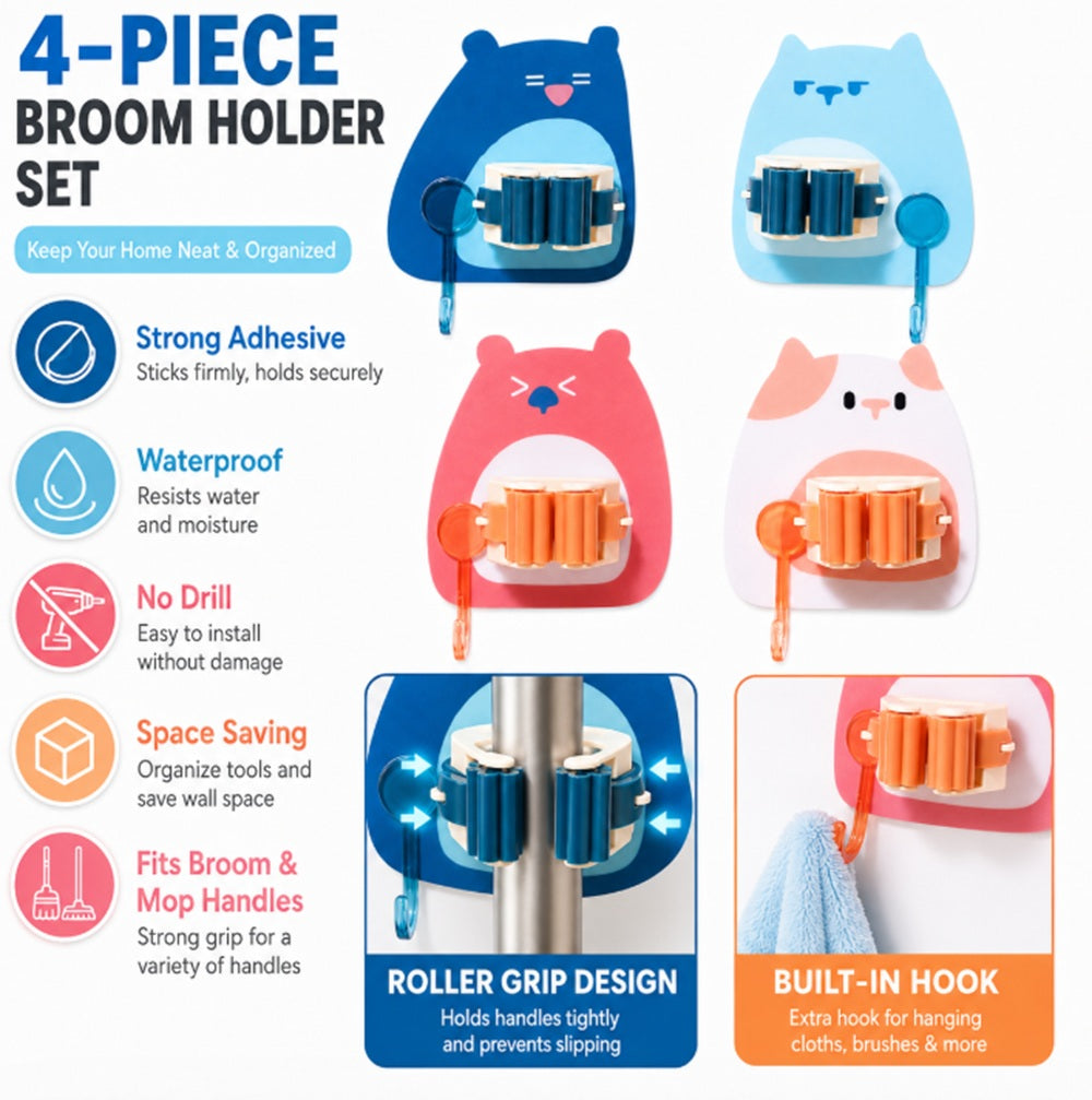 4-Pack Self-Adhesive Mop & Broom Holders with Hooks | TIKA