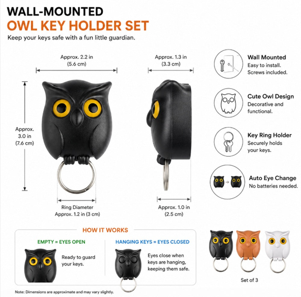 3-Piece Owl Key Hanger Set with Moving Eyes | TIKA
