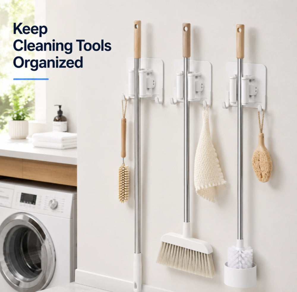3-Pack Self-Adhesive Broom and Mop Holders with Hooks | TIKA